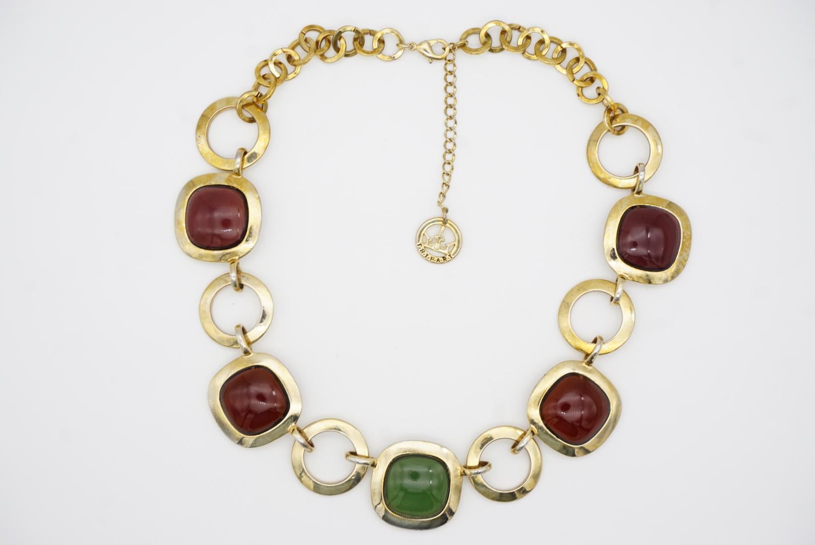 Crown Trifari 1950s Amethyst Citrine Emerald Square Circle Interlocked Necklace 3