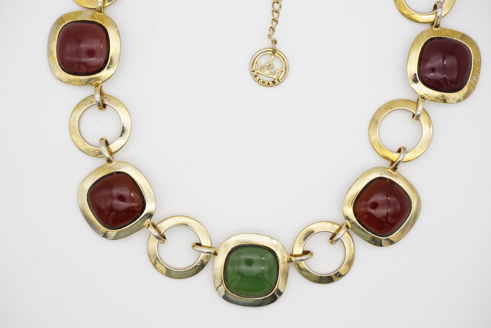 Crown Trifari 1950s Amethyst Citrine Emerald Square Circle Interlocked Necklace For Sale 4