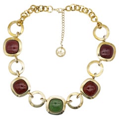 Crown Trifari 1950s Amethyst Citrine Emerald Square Circle Interlocked Necklace