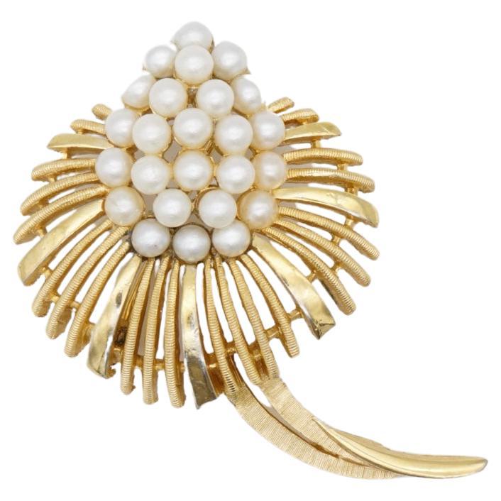 Crown Trifari 1950s Blossom White Pearls Flower Fruit Leaf Openwork Gold Brooch For Sale