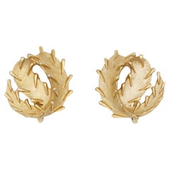 Crown Trifari 1950s Brush Leaf Openwork Round Circle Swirl Twist Clip Earrings