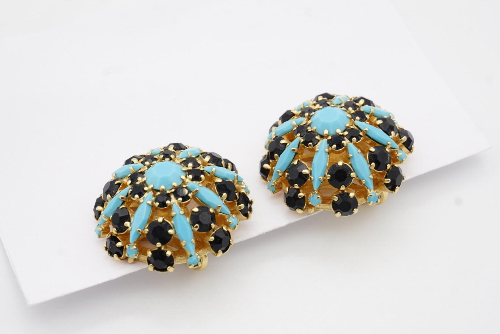 Crown Trifari 1950s Circle Turquoise Navy Crystals Openwork Dome Clip Earrings 5