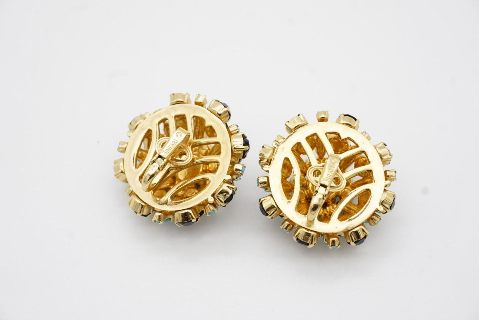Crown Trifari 1950s Circle Turquoise Navy Crystals Openwork Dome Clip Earrings 7