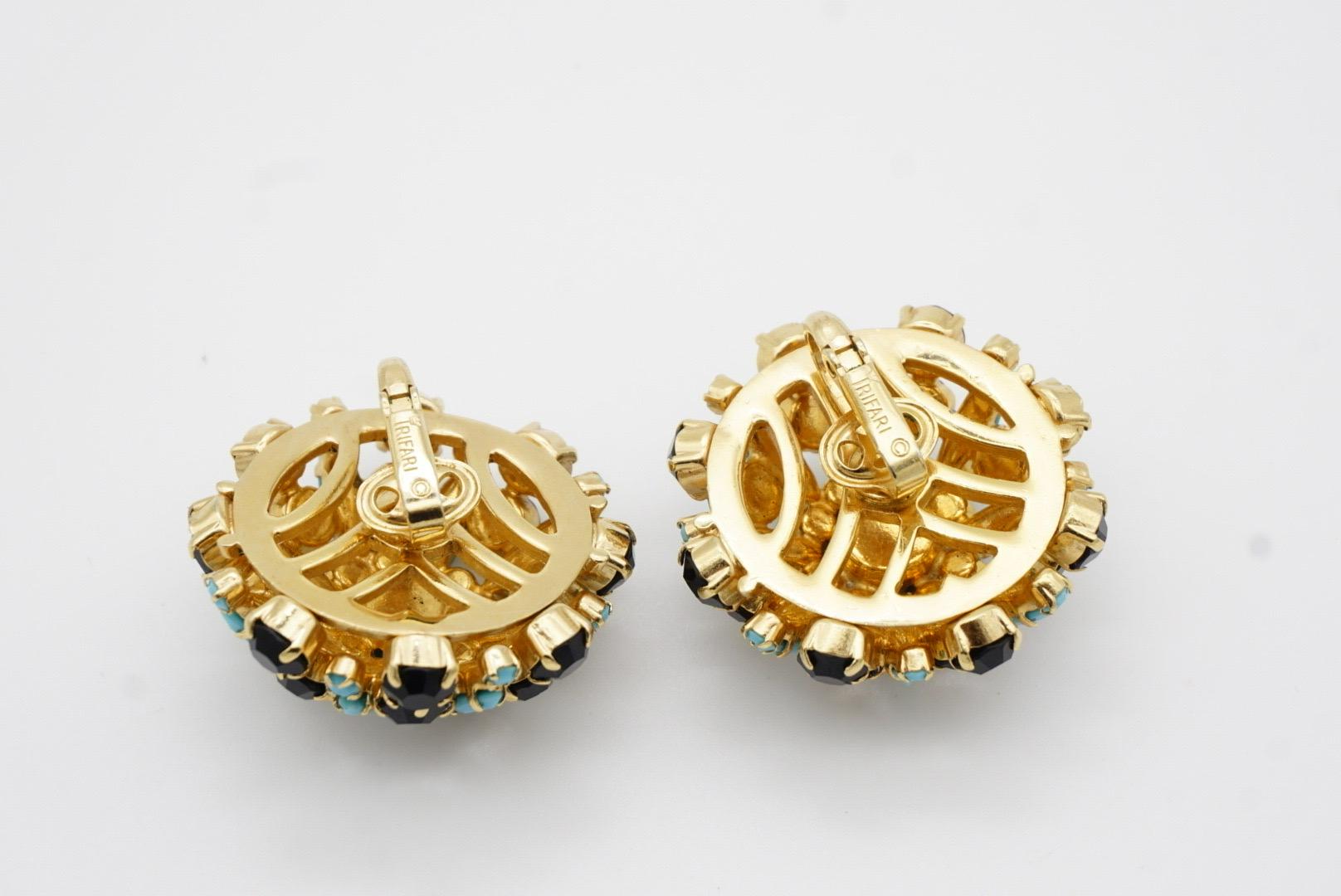 Crown Trifari 1950s Circle Turquoise Navy Crystals Openwork Dome Clip Earrings 8