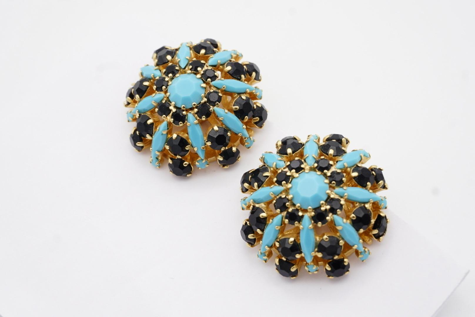 Crown Trifari 1950s Circle Turquoise Navy Crystals Openwork Dome Clip Earrings 4