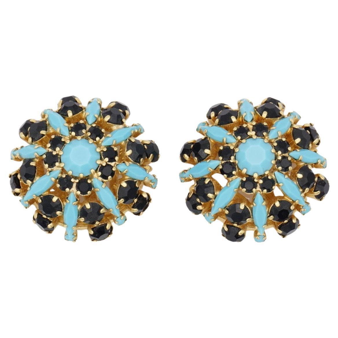 Crown Trifari 1950s Circle Turquoise Navy Crystals Openwork Dome Clip Earrings
