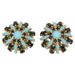Vintage Crown Trifari 1950s Circle Turquoise Navy Crystals Openwork Dome Clip Earrings