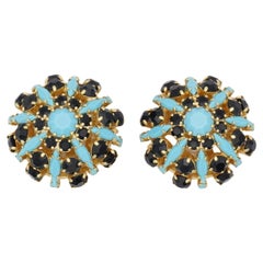 Crown Trifari 1950s Circle Turquoise Navy Crystals Openwork Dome Clip Earrings