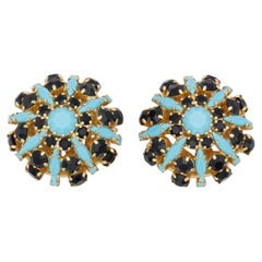 Crown Trifari 1950s Circle Turquoise Navy Crystals Openwork Dome Clip Earrings