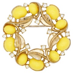 Vintage Crown Trifari 1950s Circle Yellow Cabochon Wreath Flower Leaf Crystals Brooch