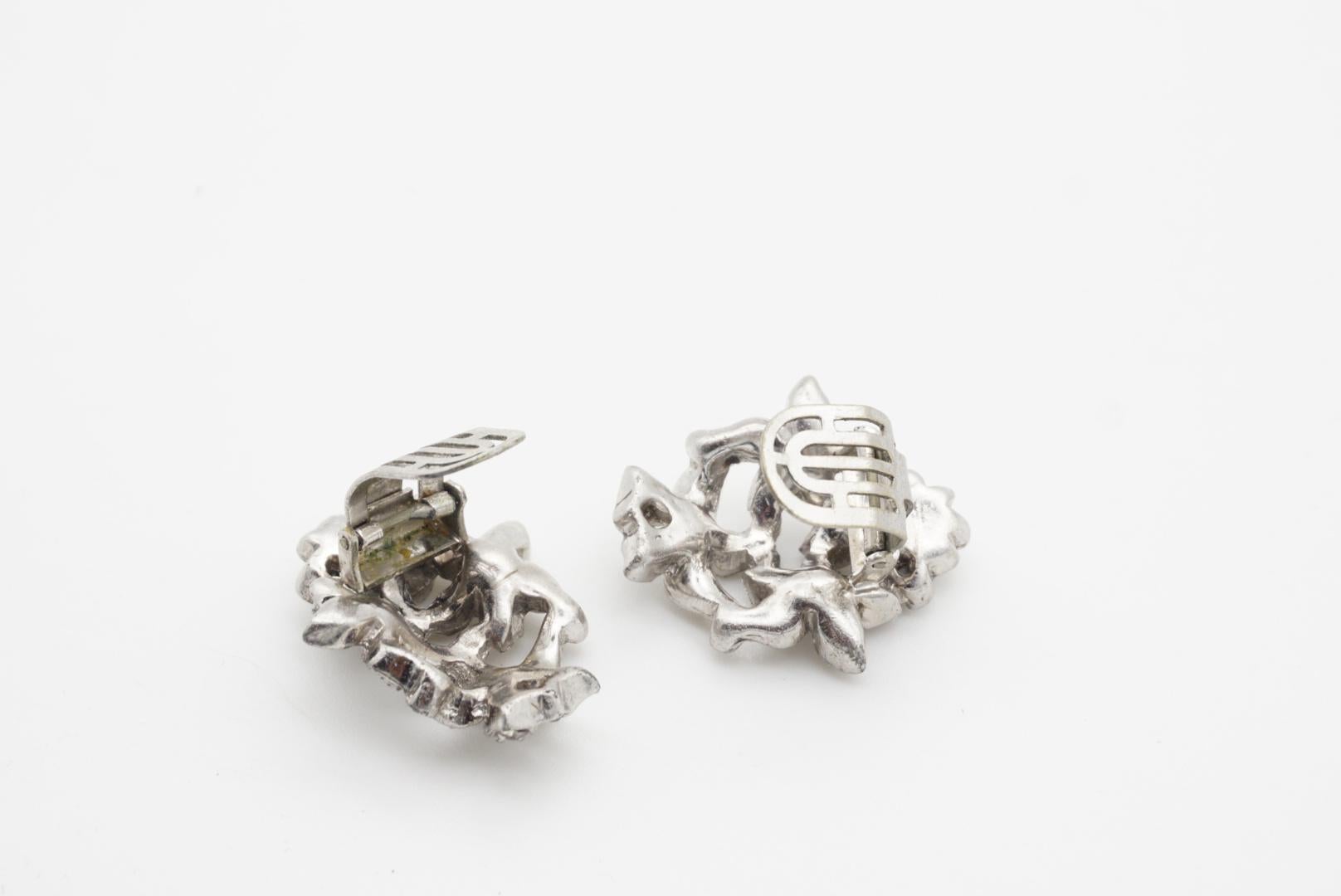 Corona Trifari 1950 Racimo Flor Bouquet Cristal Calado Pendientes Clip Plata en venta 5