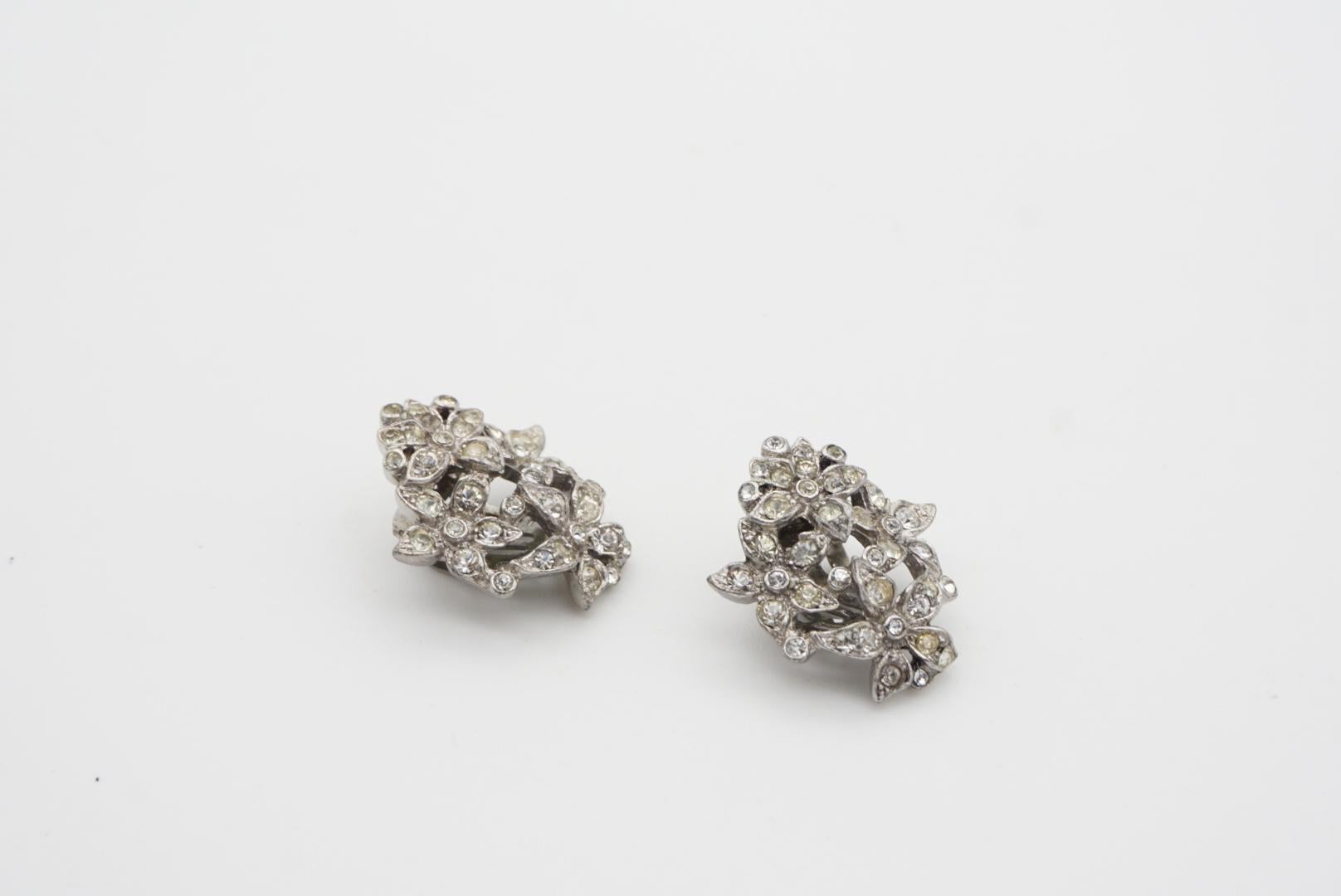 Crown Trifari 1950s Cluster Flower Bouquet Crystal Openwork Silver Clip Earrings 3