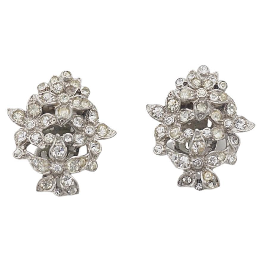 Crown Trifari 1950s Cluster Flower Bouquet Crystal Openwork Silver Clip Earrings For Sale