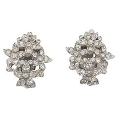 Crown Trifari 1950s Cluster Flower Bouquet Crystal Openwork Silver Clip Earrings