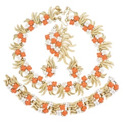 Crown Trifari 1950s Coral Orange White Crystals Forget Me Not Flower Leaf 4 Set