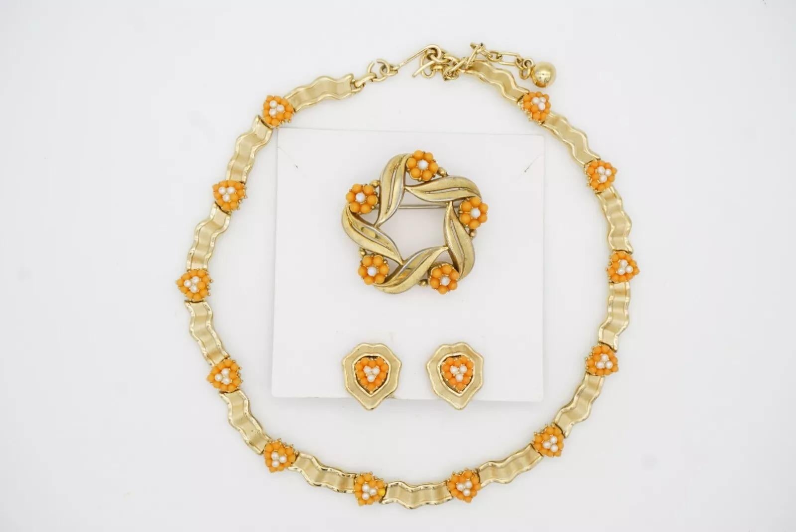 Crown Trifari 1950s Coral Orange White Pearls Flower Wreath Heart Love Gift Set 6