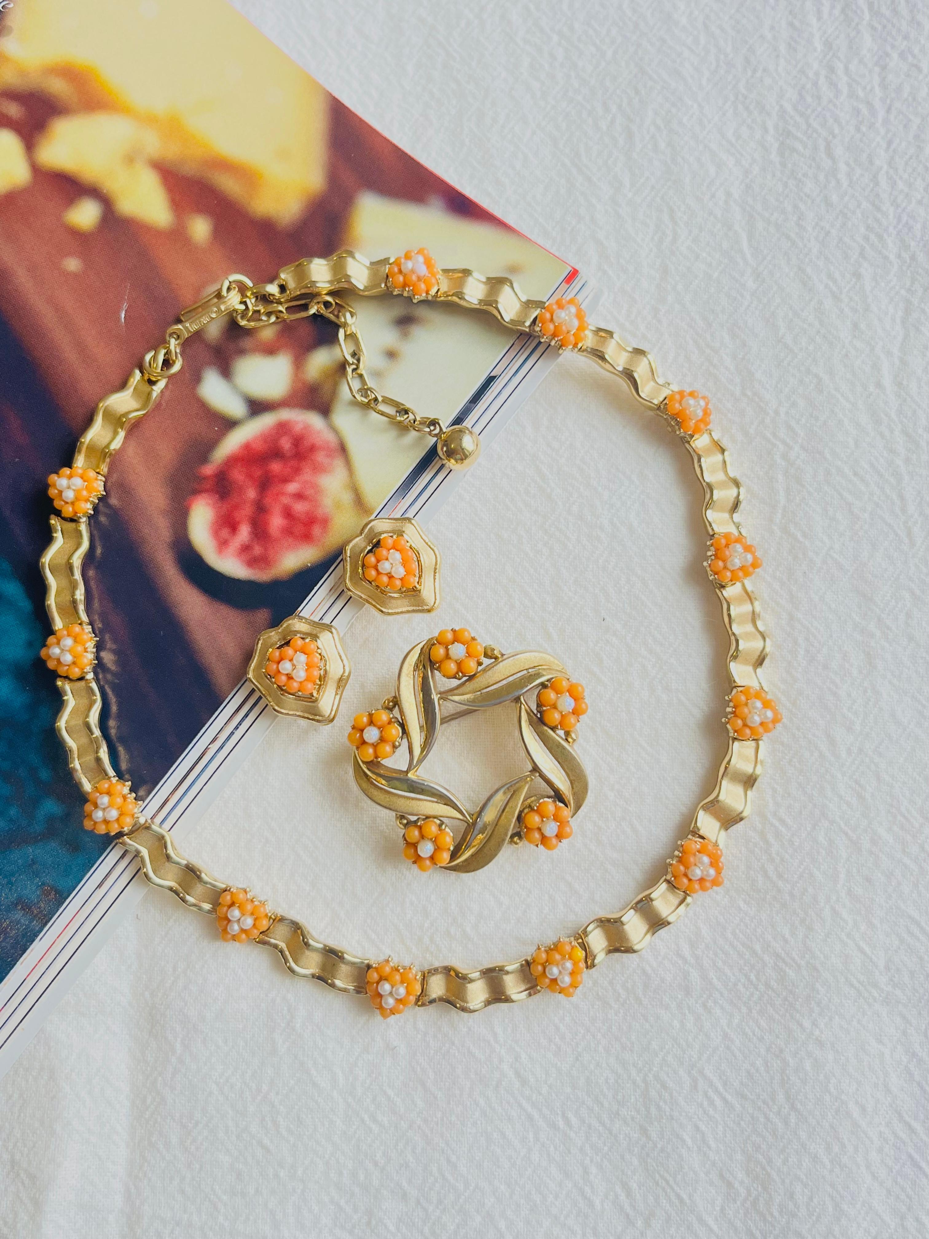 Art Nouveau Crown Trifari 1950s Coral Orange White Pearls Flower Wreath Heart Love Gift Set