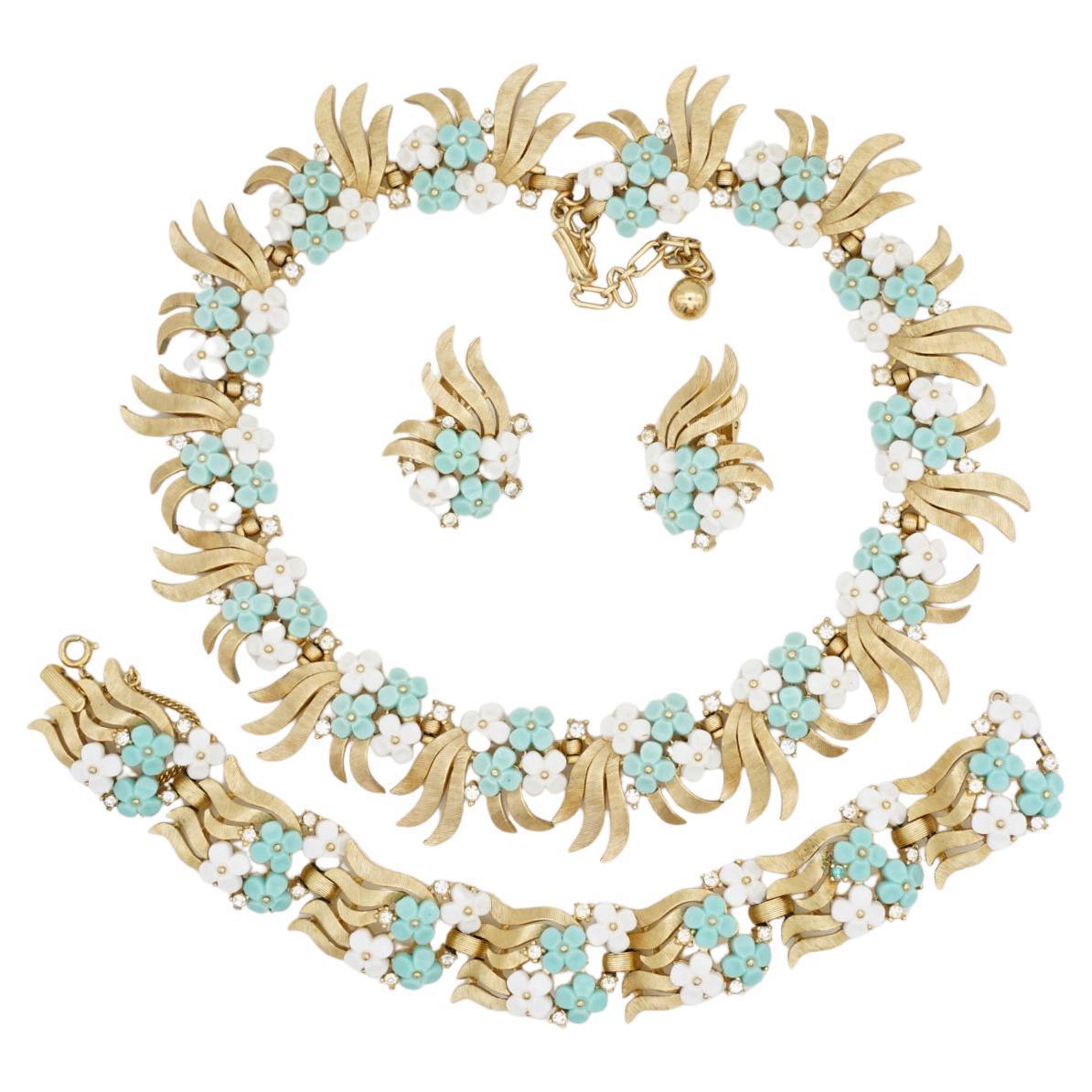 Crown Trifari 1950s Forget Me Not Turquoise Green White Crystals Flower Set For Sale