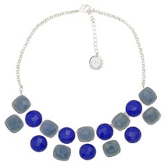Crown Trifari 1950s Gripoix Navy Blue Grey Round Square Pendant Chunky Necklace
