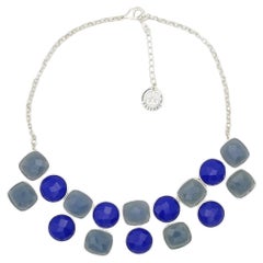 Crown Trifari 1950s Gripoix Navy Blue Grey Round Square Pendant Chunky Necklace