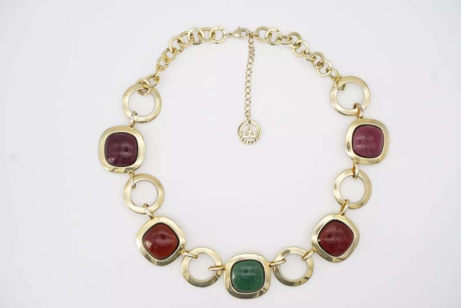 Crown Trifari 1950s Gripoix Purple Amber Green Round Interlock Pendant Necklace For Sale 9