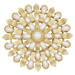 Vintage Crown Trifari 1950s Large Round Wreath Flower Whole Oval Pearls Openwork Brooch