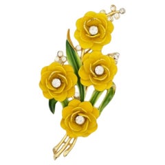 Crown Trifari 1950s Large Yellow Flower Green Leaf Bouquet Crystals Gold Brooch