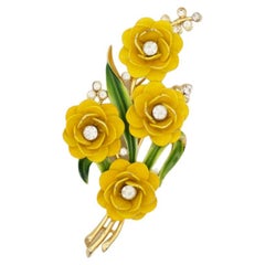 Vintage Crown Trifari 1950s Large Yellow Flower Green Leaf Bouquet Crystals Gold Brooch