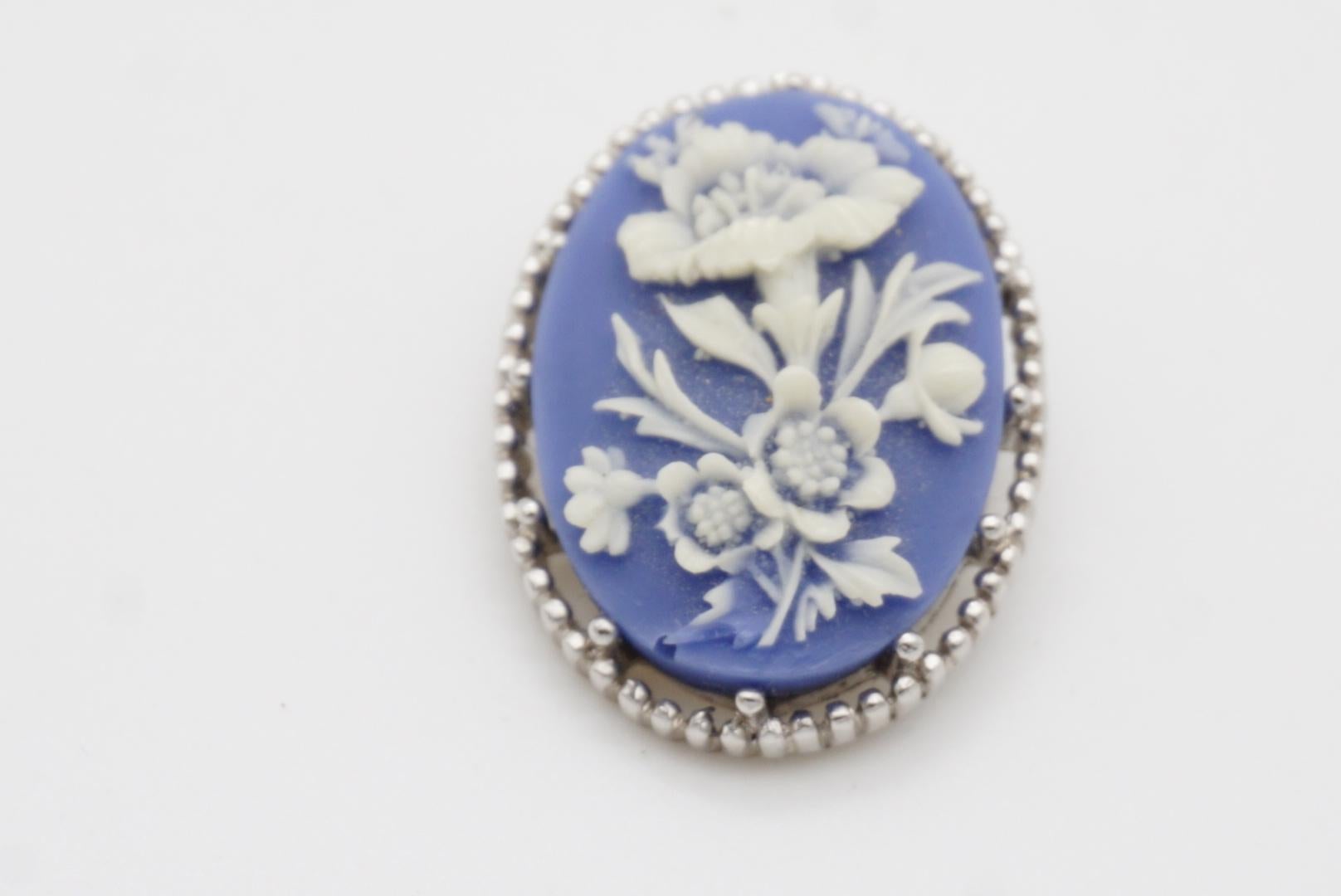Crown Trifari 1950s Oval Blue White Blossom Flower Relief Cameo Silver Brooch 6