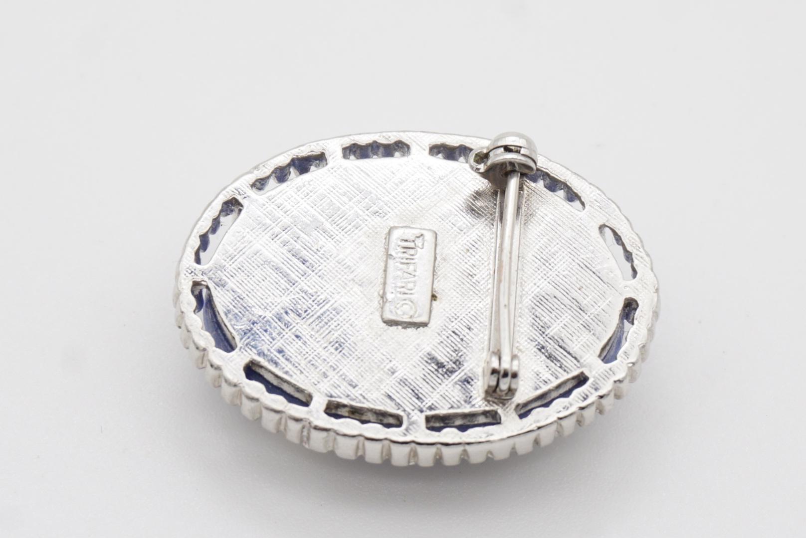 Crown Trifari 1950s Oval Blue White Blossom Flower Relief Cameo Silver Brooch 7