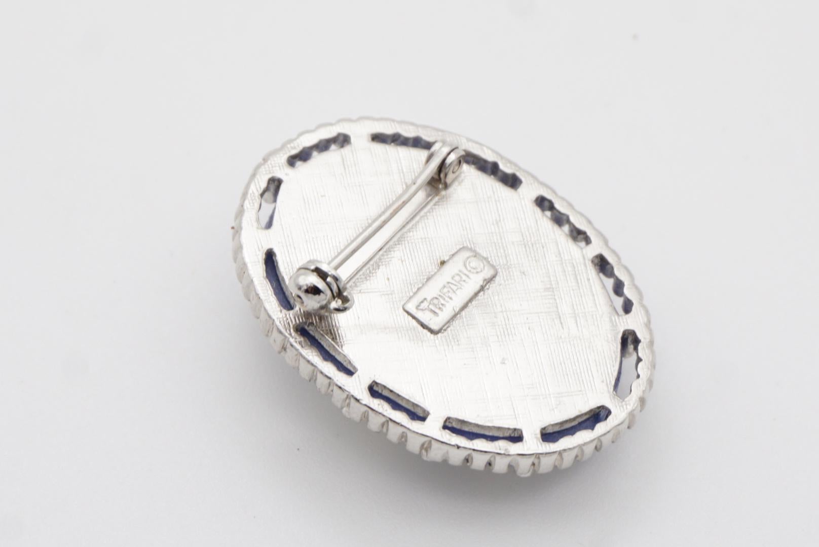 Crown Trifari 1950s Oval Blue White Blossom Flower Relief Cameo Silver Brooch 8