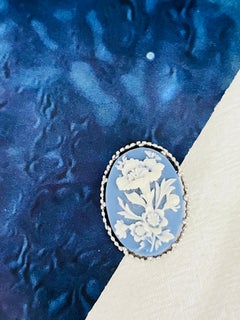 Crown Trifari 1950s Oval Blue White Blossom Flower Relief Cameo Silver Brooch