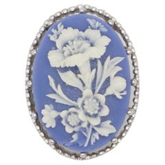 Crown Trifari 1950s Oval Blue White Blossom Flower Relief Cameo Silver Brooch