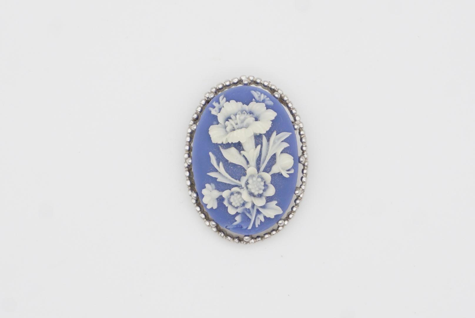 Corona Trifari 1950s Oval Blue White Blossom Flower Relief Cameo Silver Spilla 3