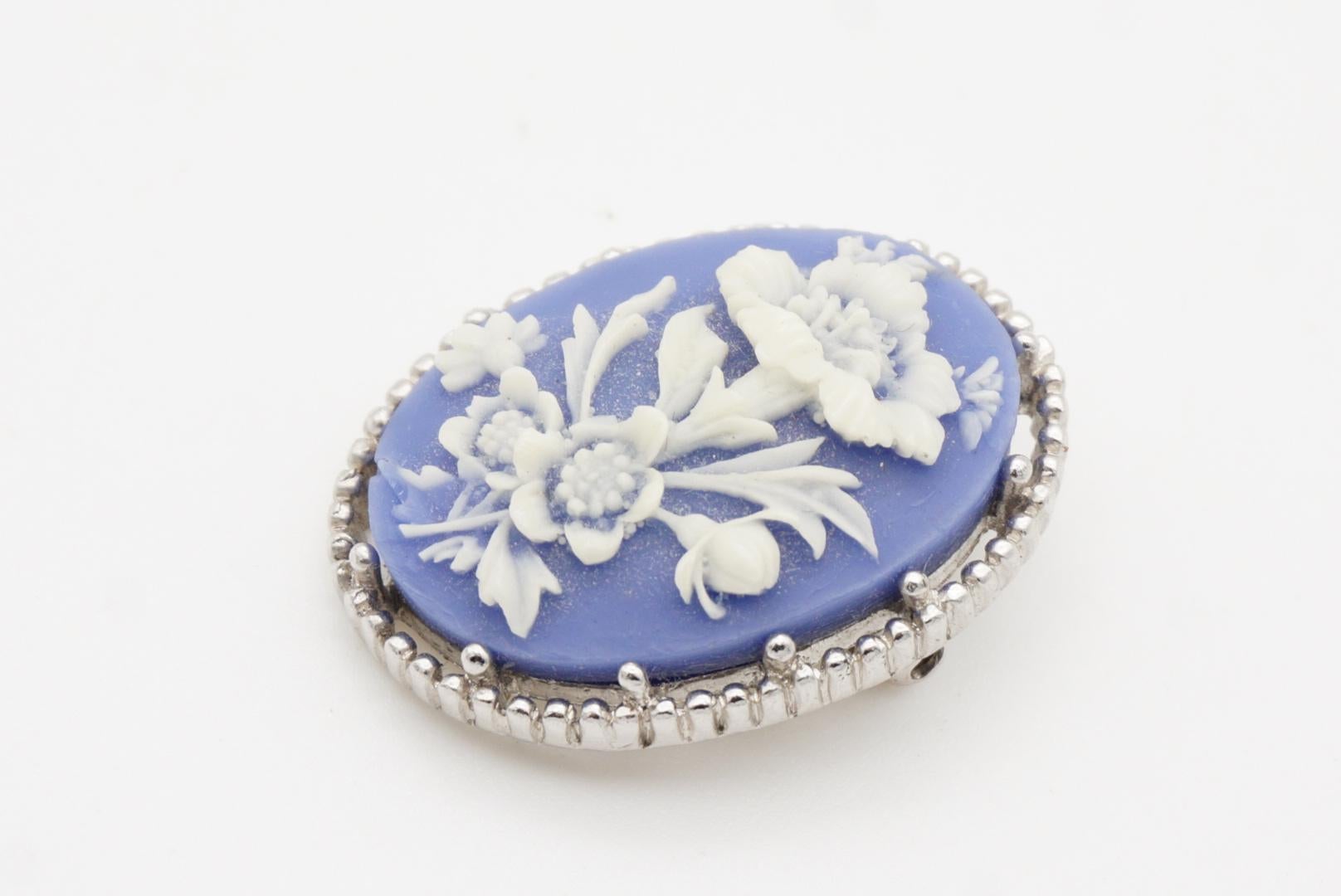 Crown Trifari 1950s Oval Blue White Blossom Flower Relief Cameo Silver Brooch 4