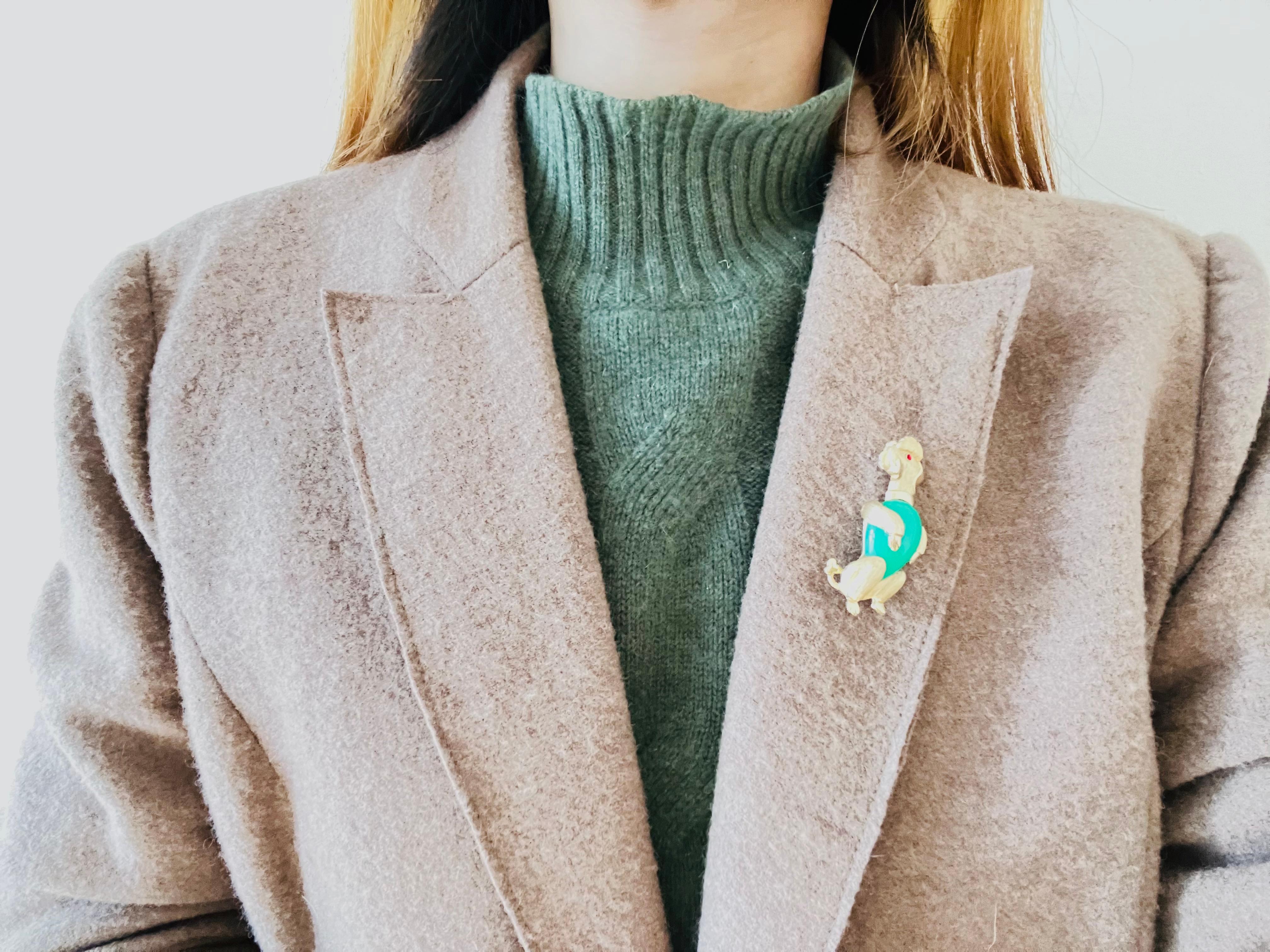 Women's or Men's Crown Trifari 1950s Poodle Dog Jelly Belly Green Jade Cabochon Red Eye Brooch