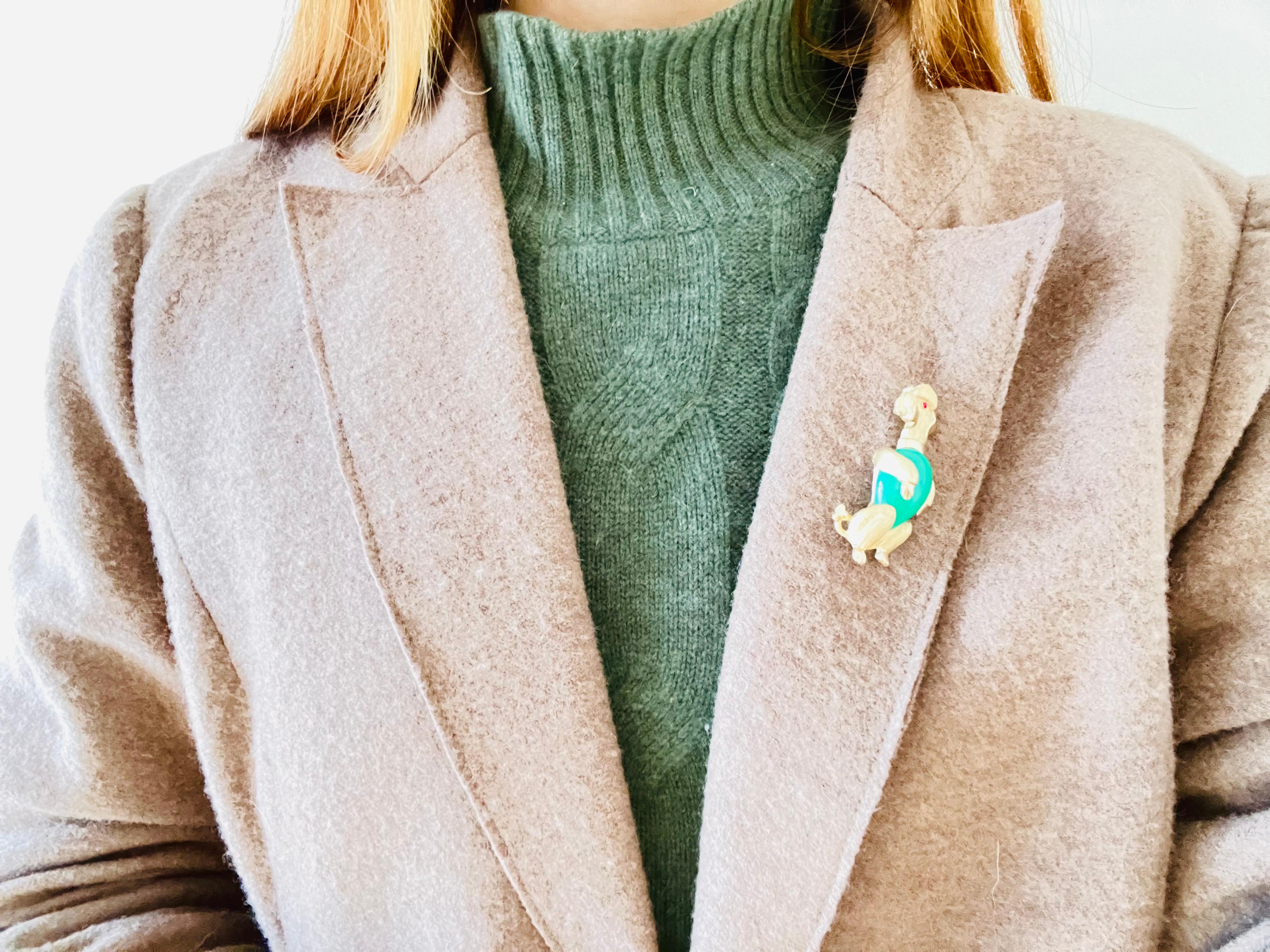 Crown Trifari 1950s Poodle Dog Jelly Belly Green Jade Cabochon Red Eye Brooch 1