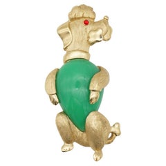 Crown Trifari 1950s Poodle Dog Jelly Belly Green Jade Ruby Eye Cabochon Brooch