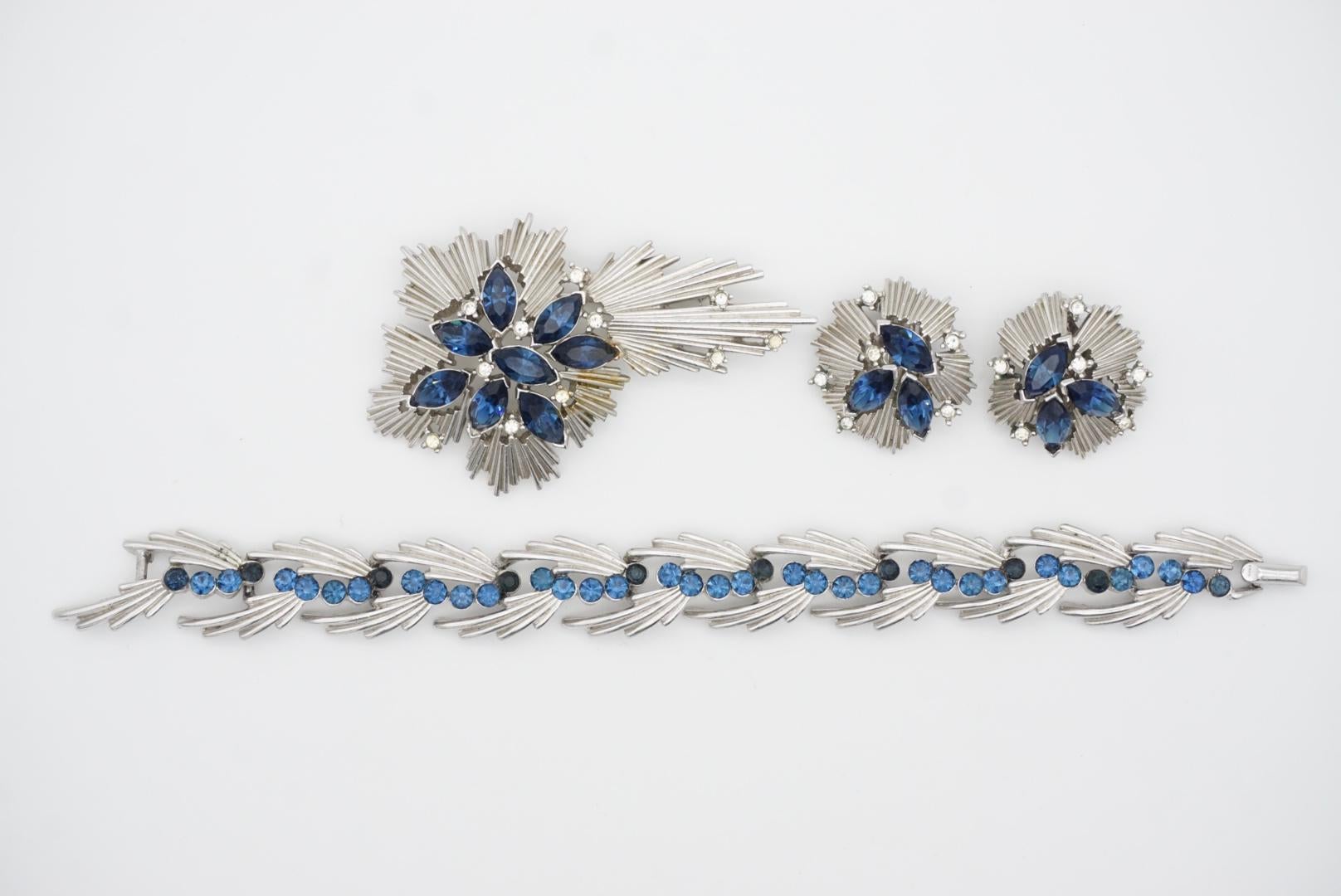 Crown Trifari 1950s Sapphire Crystals Stars Leaf Set Earrings Brooch Bracelet 8