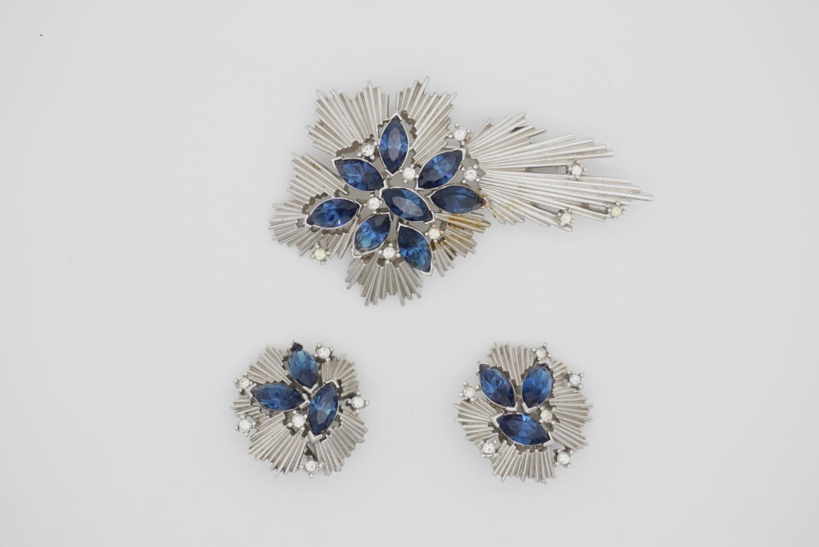 Crown Trifari 1950s Sapphire Crystals Stars Leaf Set Earrings Brooch Bracelet 10