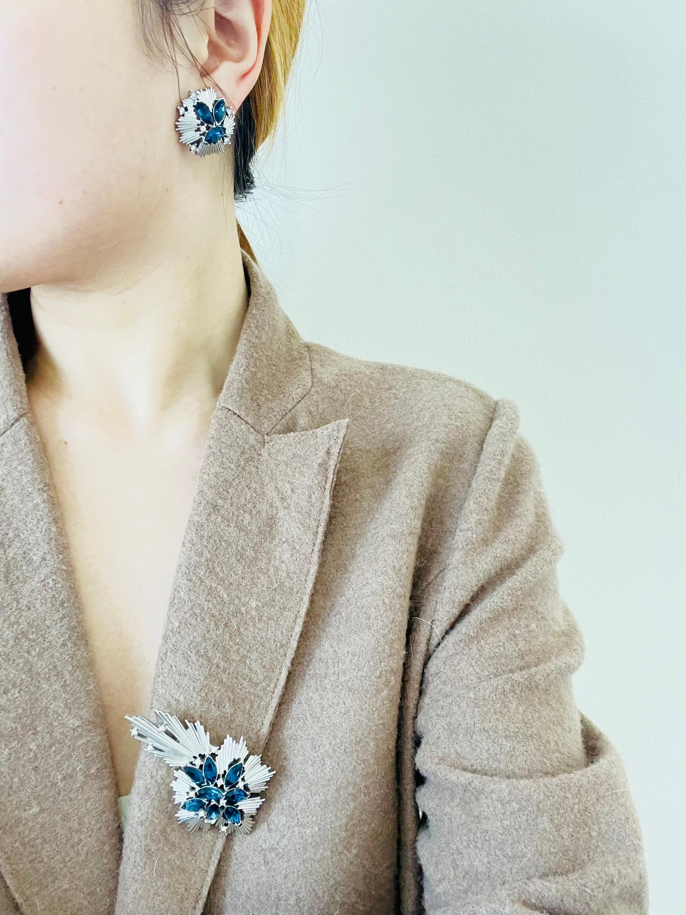 Crown Trifari 1950s Sapphire Crystals Stars Leaf Set Earrings Brooch Bracelet 3