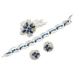Crown Trifari 1950s Sapphire Crystals Stars Leaf Set Earrings Brooch Bracelet