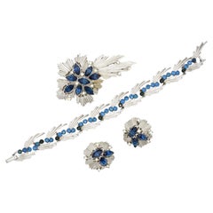 Crown Trifari 1950s Sapphire Crystals Stars Leaf Set Earrings Brooch Bracelet
