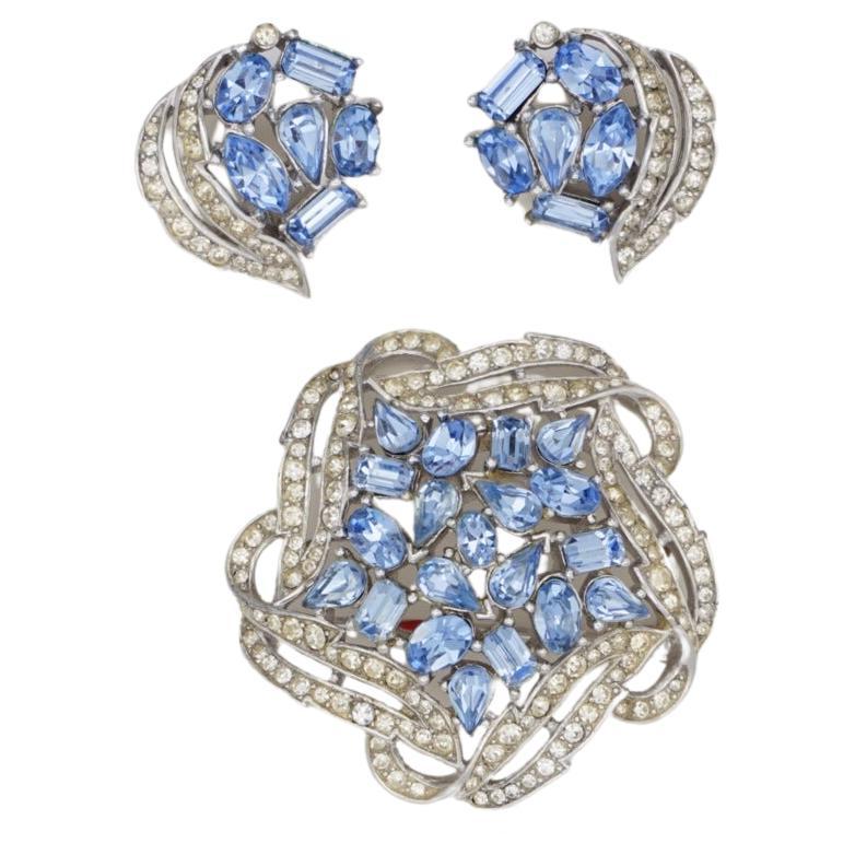Crown Trifari 1950s Sky Blue Aqua Crystals Flower Wreath Leaf Earrings Brooch