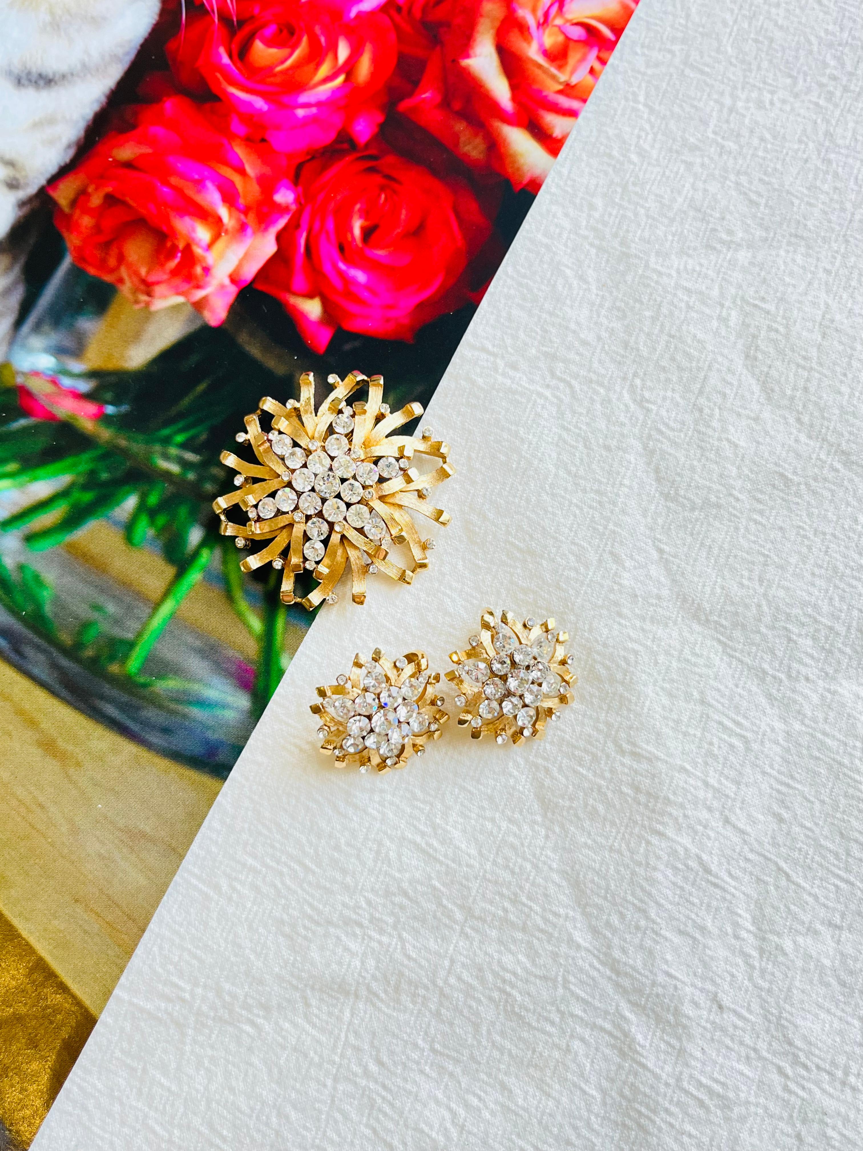 Art Deco Crown Trifari 1950s Snowflakes Sunburst Festival Crystals Set Earrings Brooch