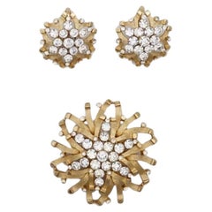 Crown Trifari 1950s Snowflakes Sunburst Festival Crystals Set Earrings Brooch