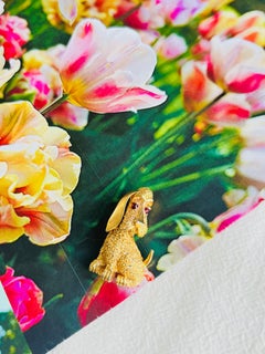 Crown Trifari 1950s Vivid Baby Dog Basset Hound Ruby Crystals Eyes Gold Brooch