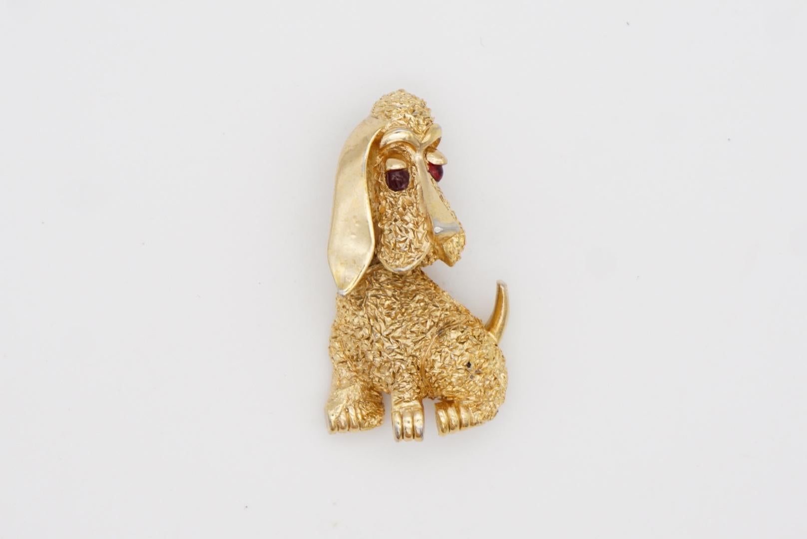 Art Deco Crown Trifari 1950s Vivid Baby Dog Basset Hound Ruby Crystals Eyes Gold Brooch 
