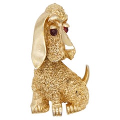 Crown Trifari 1950s Vivid Baby Dog Basset Hound Ruby Crystals Eyes Gold Brooch 