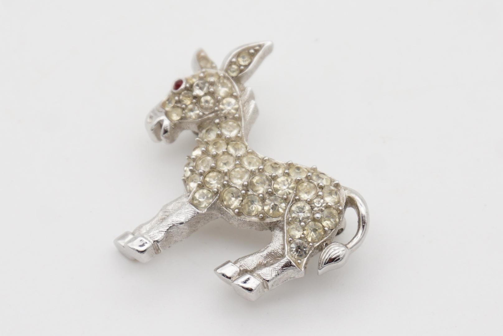 Crown Trifari 1950s Vivid Cute Donkey Red Eye Whole White Crystals Silver Brooch For Sale 3